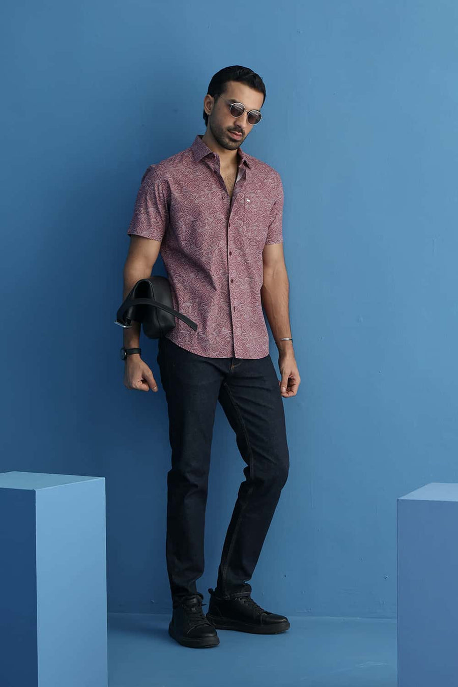 Basics Slim Fit Rose Pink Cotton Printed Halfsleeves Shirt
