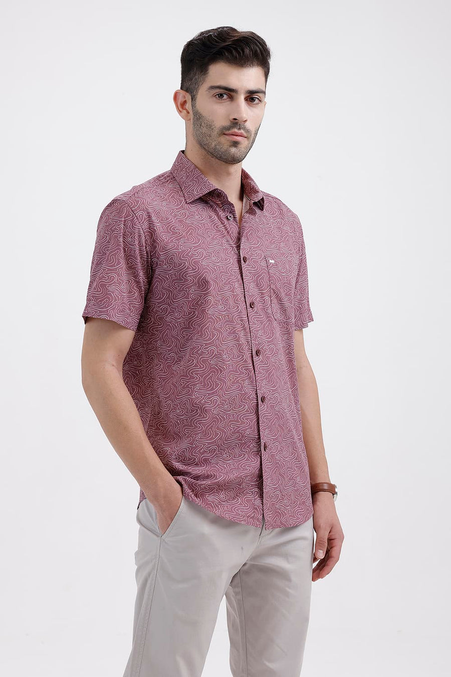 BASICS SLIM FIT ROSE PINK COTTON PRINTED HALFSLEEVES SHIRT
