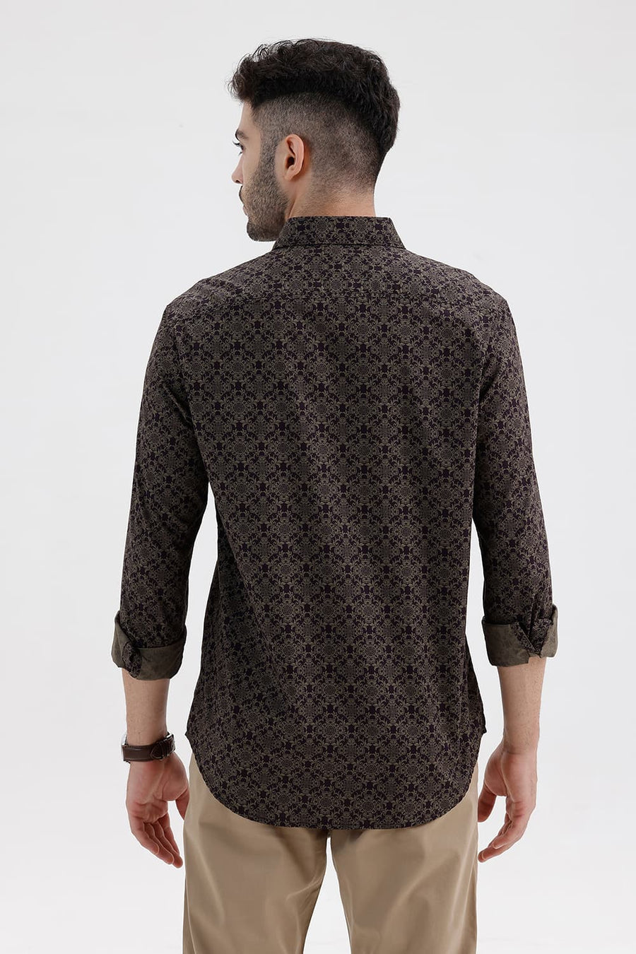 BASICS SLIM FIT NIGHTSHADE BROWN COTTON PRINTED SHIRT
