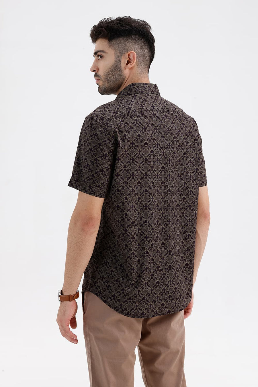 BASICS SLIM FIT NIGHTSHADE BROWN COTTON PRINTED HALFSLEEVES SHIRT