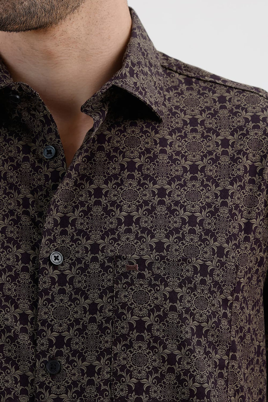 BASICS SLIM FIT NIGHTSHADE BROWN COTTON PRINTED SHIRT