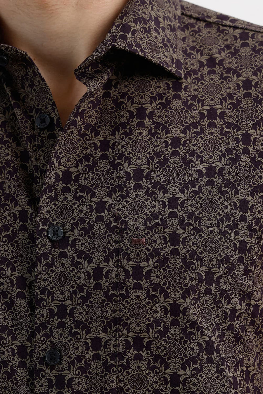 BASICS SLIM FIT NIGHTSHADE BROWN COTTON PRINTED HALFSLEEVES SHIRT