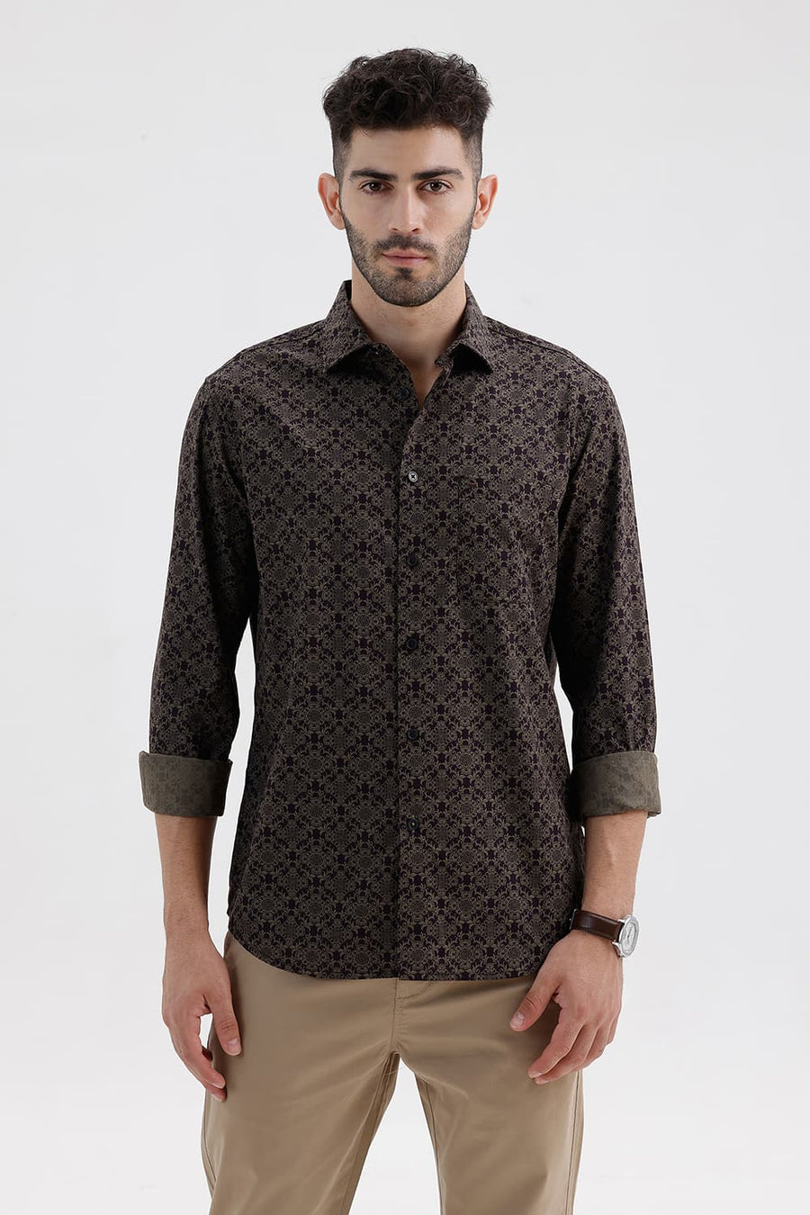 BASICS SLIM FIT NIGHTSHADE BROWN COTTON PRINTED SHIRT