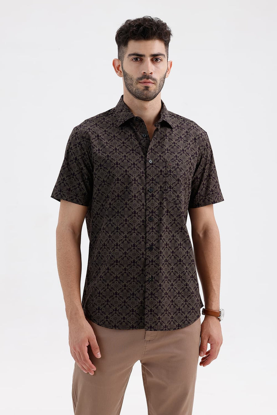 BASICS SLIM FIT NIGHTSHADE BROWN COTTON PRINTED HALFSLEEVES SHIRT