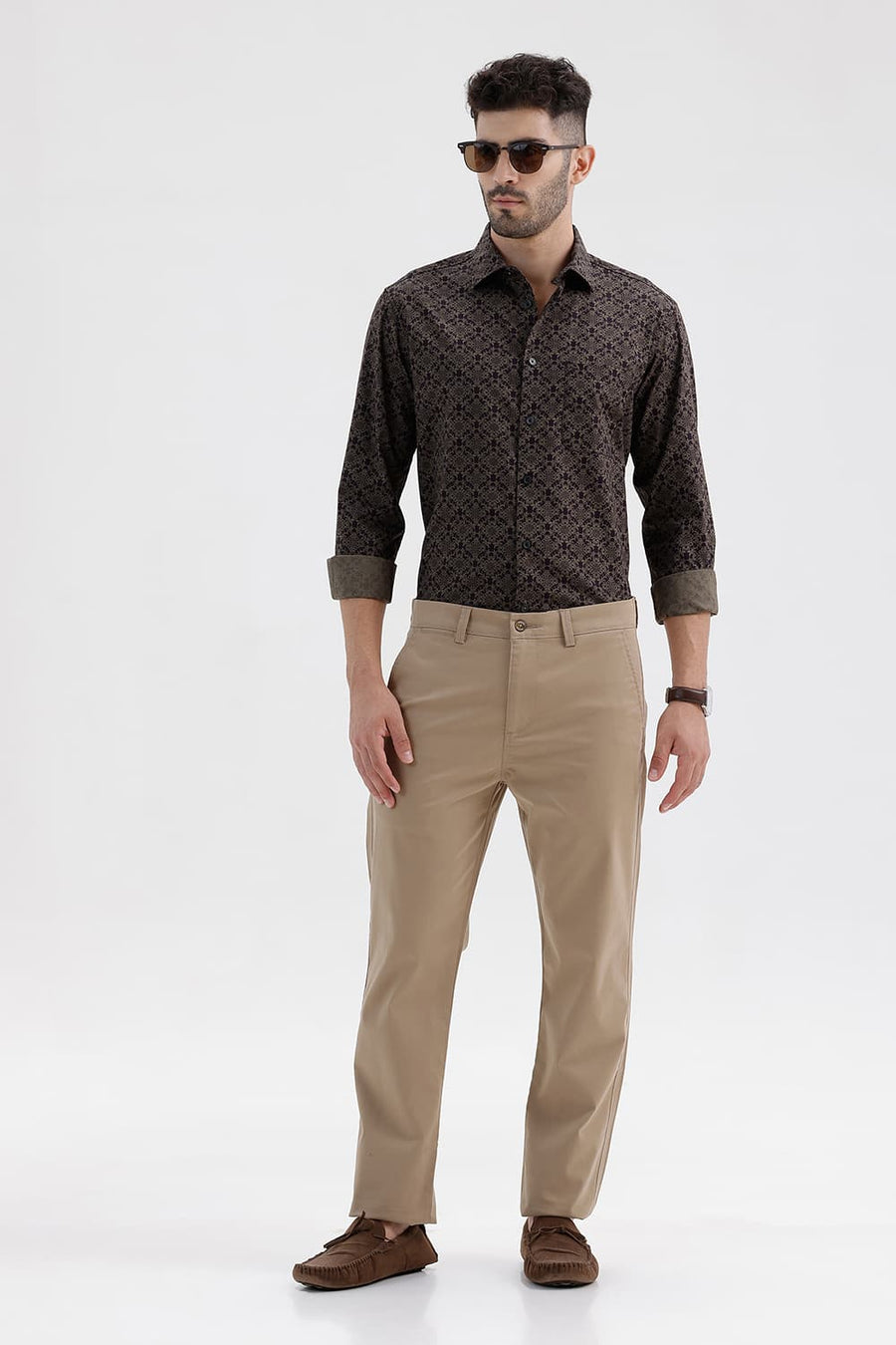 BASICS SLIM FIT NIGHTSHADE BROWN COTTON PRINTED SHIRT