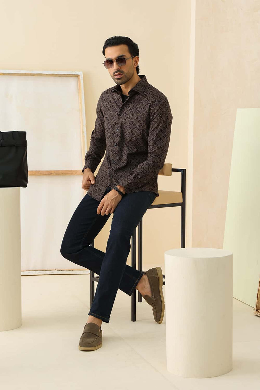 Basics Slim Fit Nightshade Brown Cotton Printed Shirt