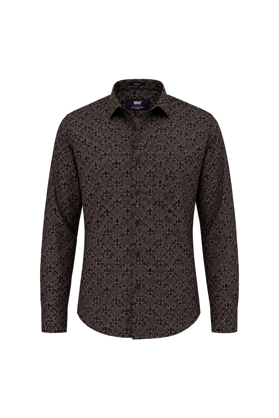 BASICS SLIM FIT NIGHTSHADE BROWN COTTON PRINTED SHIRT