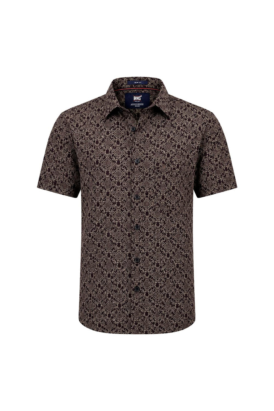 BASICS SLIM FIT NIGHTSHADE BROWN COTTON PRINTED HALFSLEEVES SHIRT
