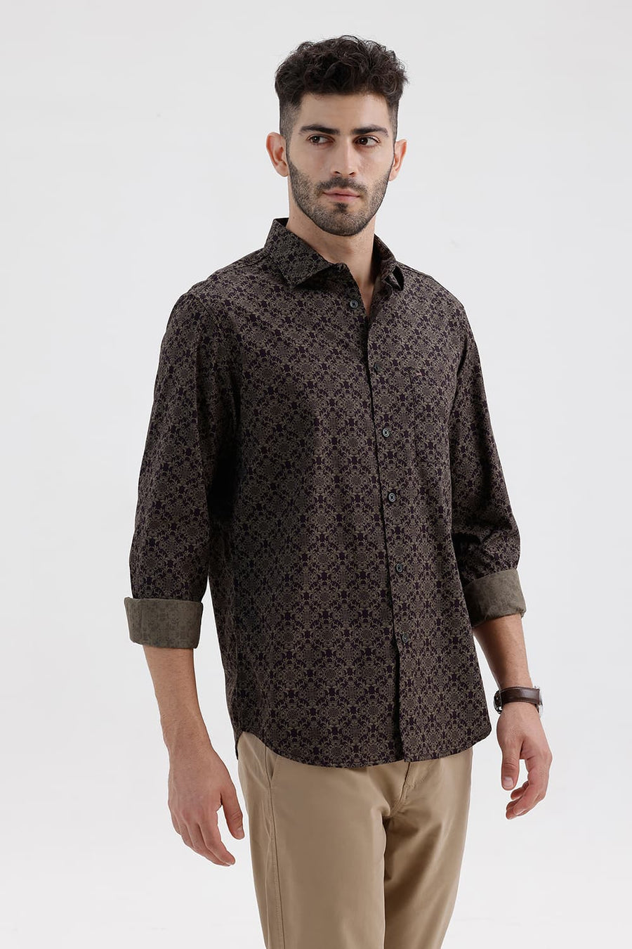 BASICS SLIM FIT NIGHTSHADE BROWN COTTON PRINTED SHIRT