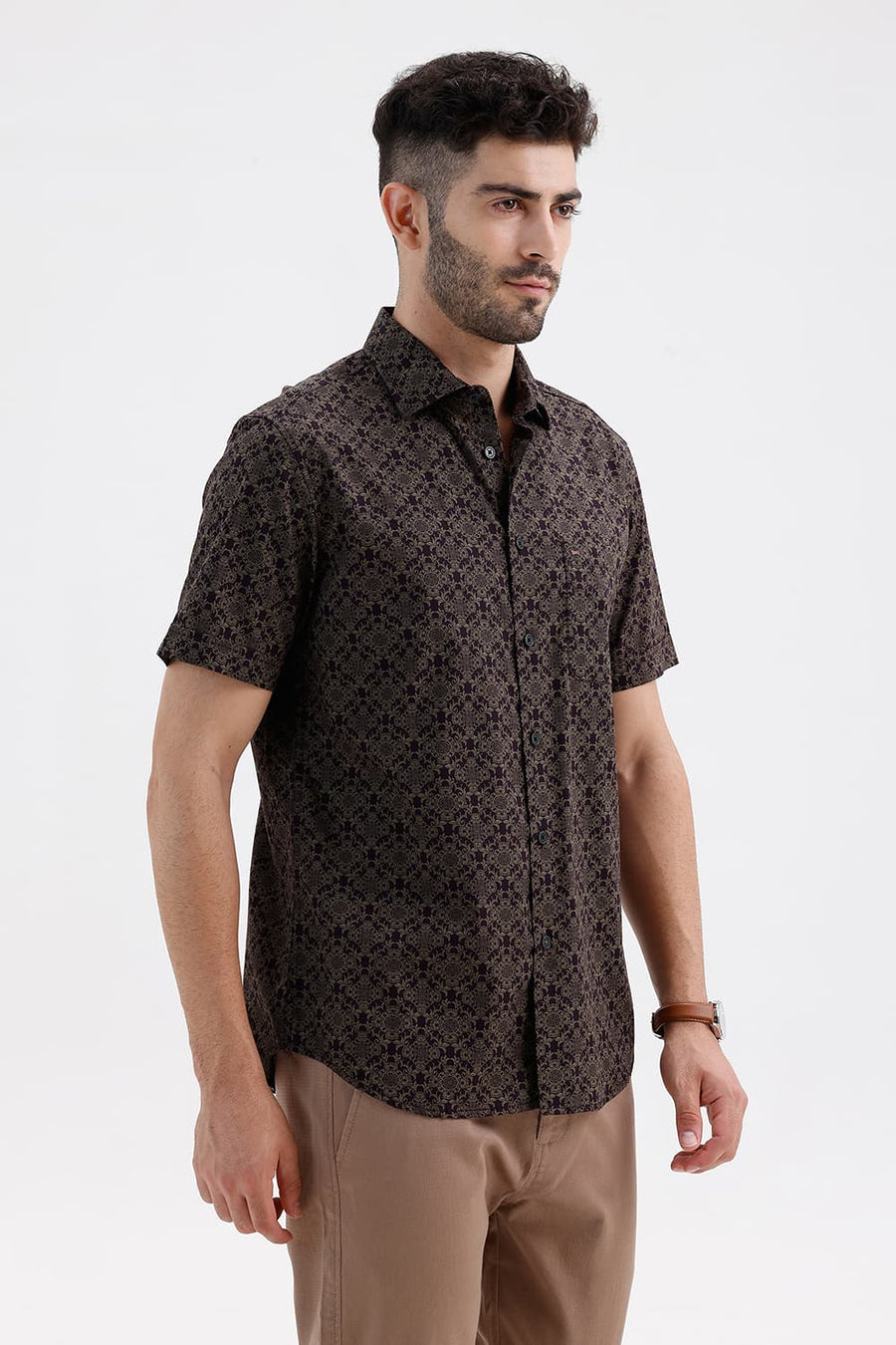 BASICS SLIM FIT NIGHTSHADE BROWN COTTON PRINTED HALFSLEEVES SHIRT