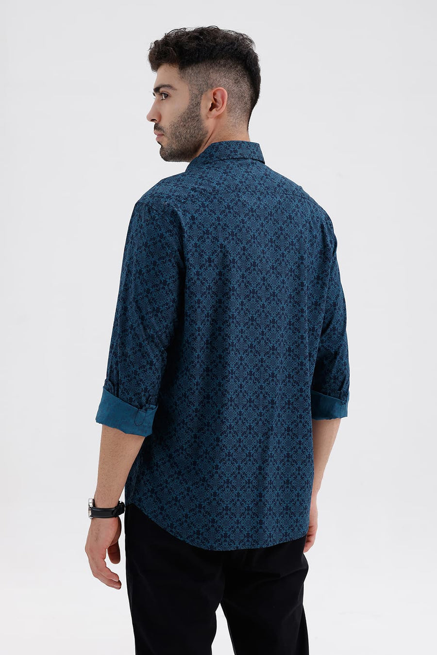 BASICS SLIM FIT PATRIOT BLUE COTTON PRINTED SHIRT