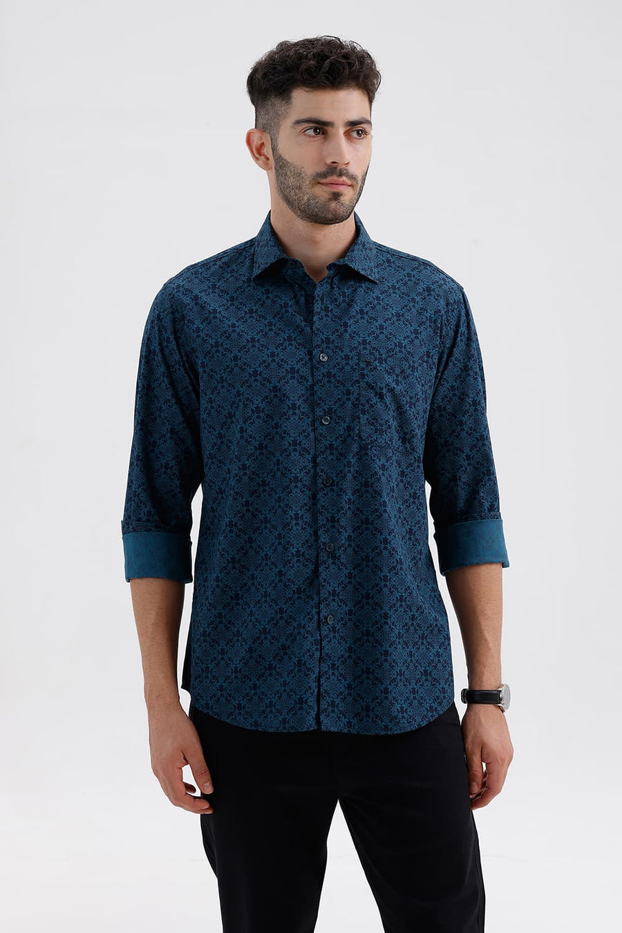 BASICS SLIM FIT PATRIOT BLUE COTTON PRINTED SHIRT