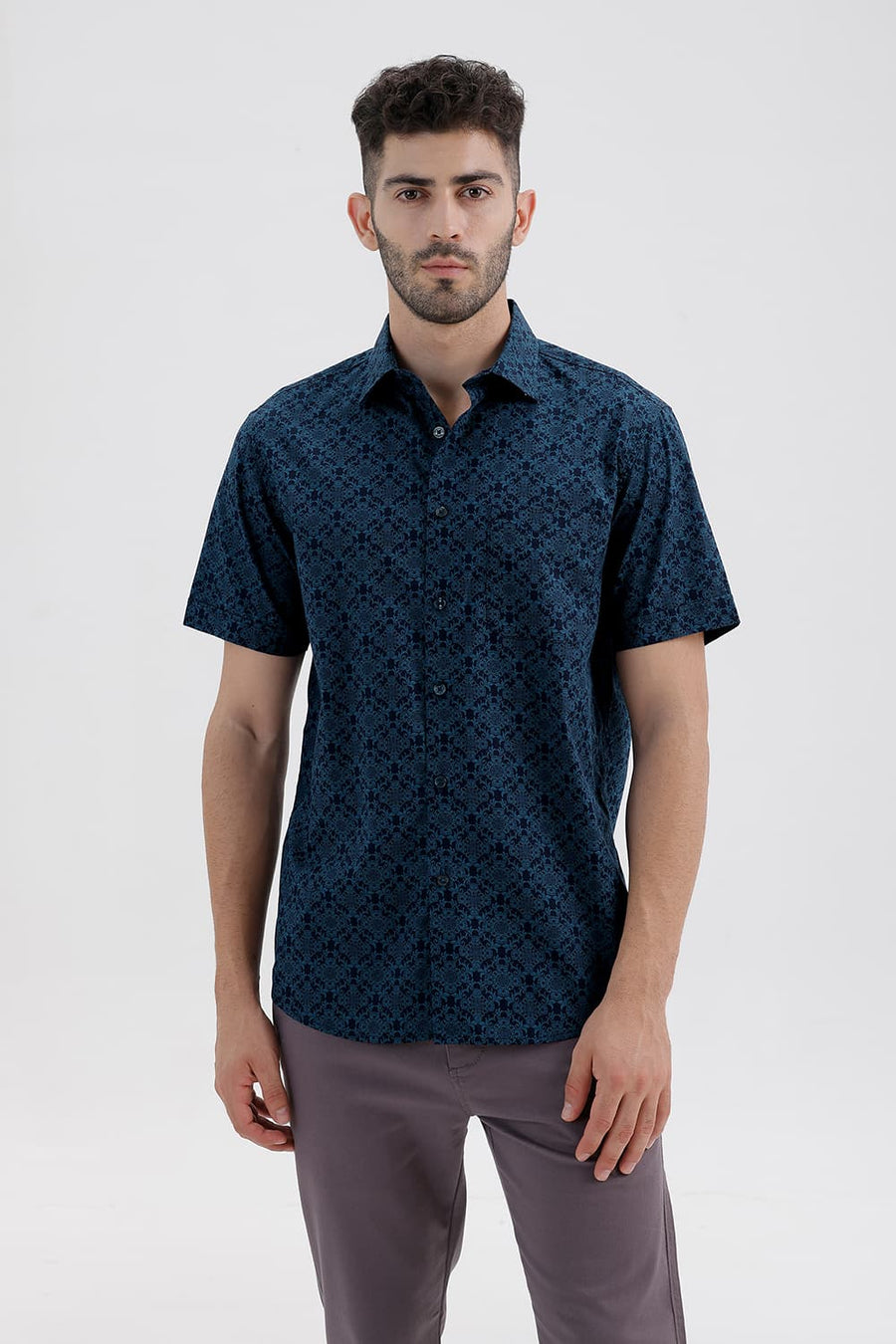BASICS SLIM FIT PATRIOT BLUE COTTON PRINTED HALFSLEEVES SHIRT