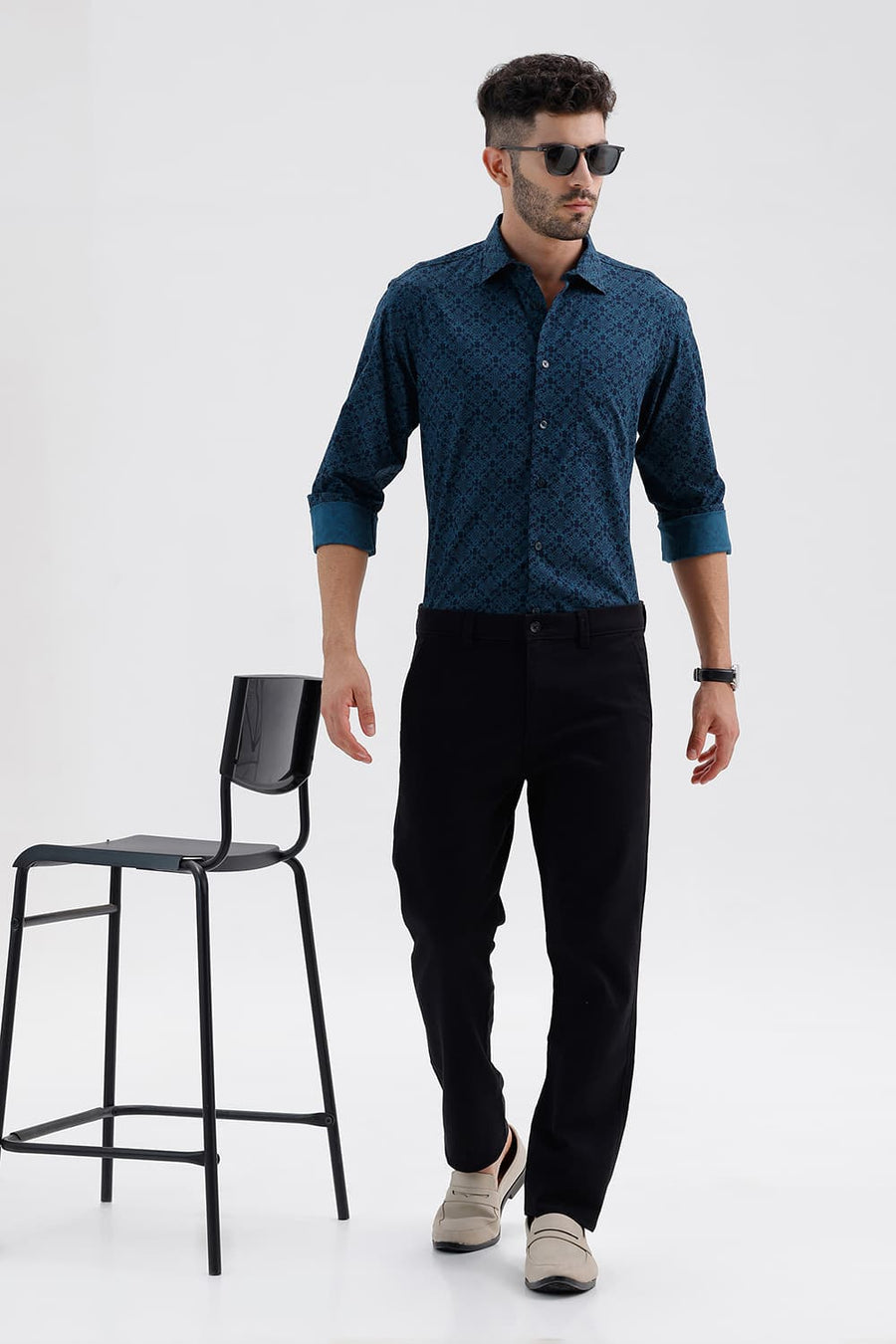 BASICS SLIM FIT PATRIOT BLUE COTTON PRINTED SHIRT