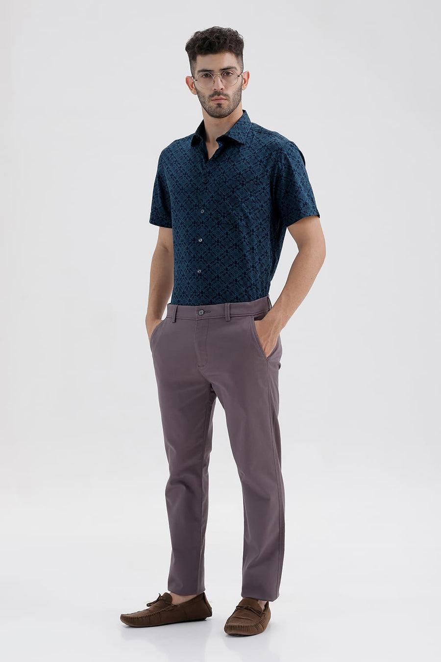 BASICS SLIM FIT PATRIOT BLUE COTTON PRINTED HALFSLEEVES SHIRT