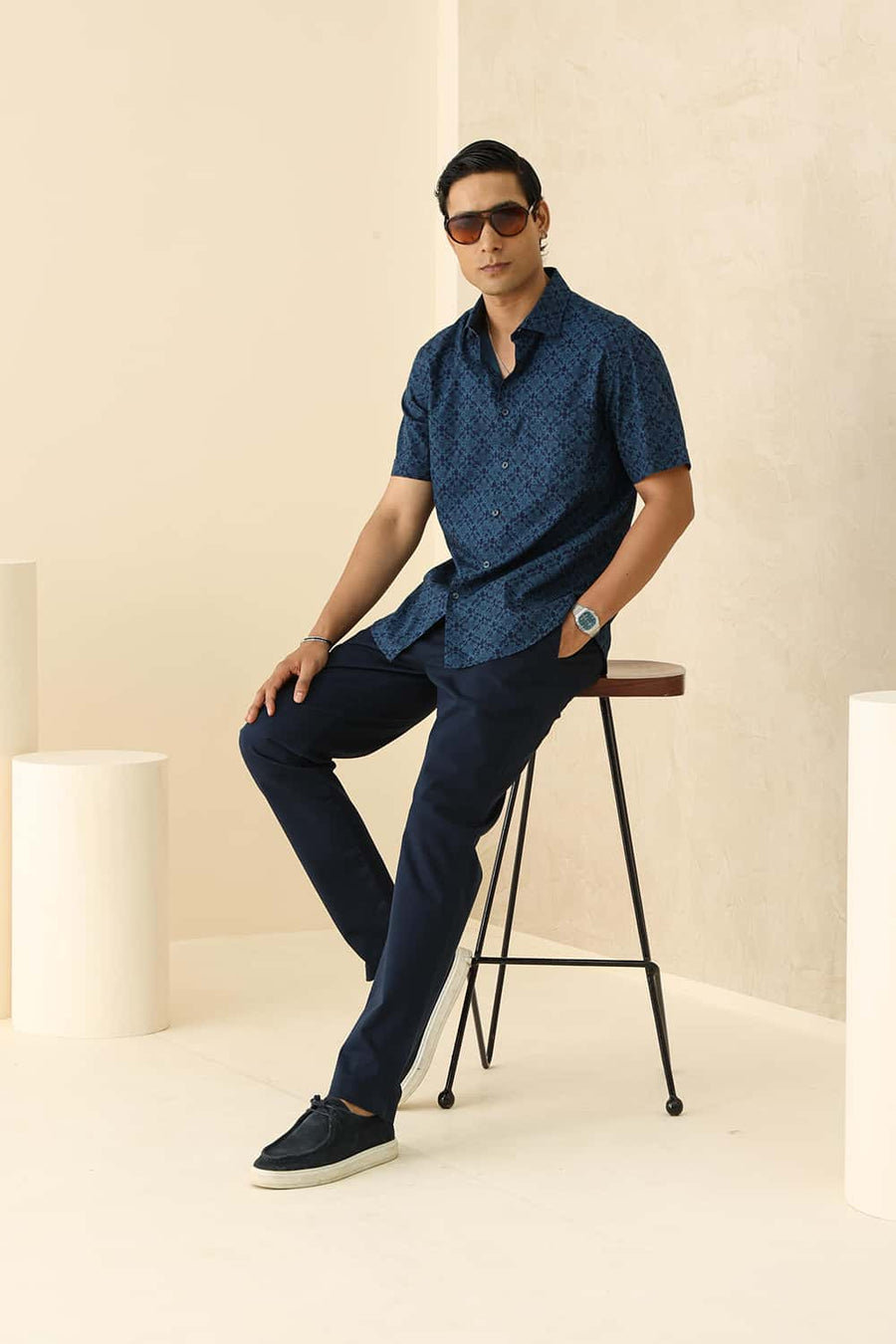 Basics Slim Fit Patriot Blue Cotton Printed Halfsleeves Shirt
