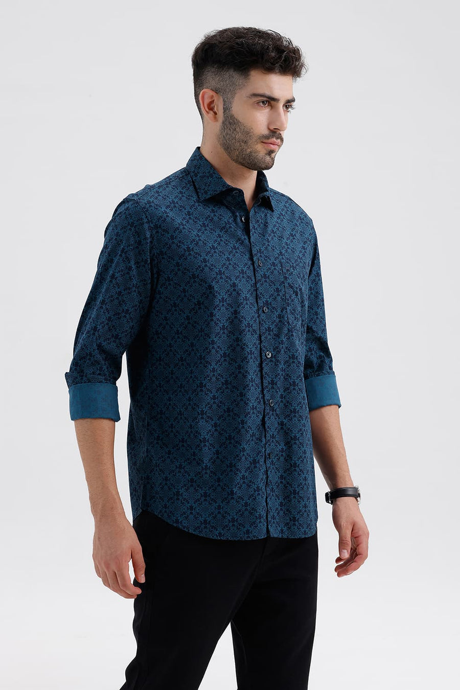 BASICS SLIM FIT PATRIOT BLUE COTTON PRINTED SHIRT