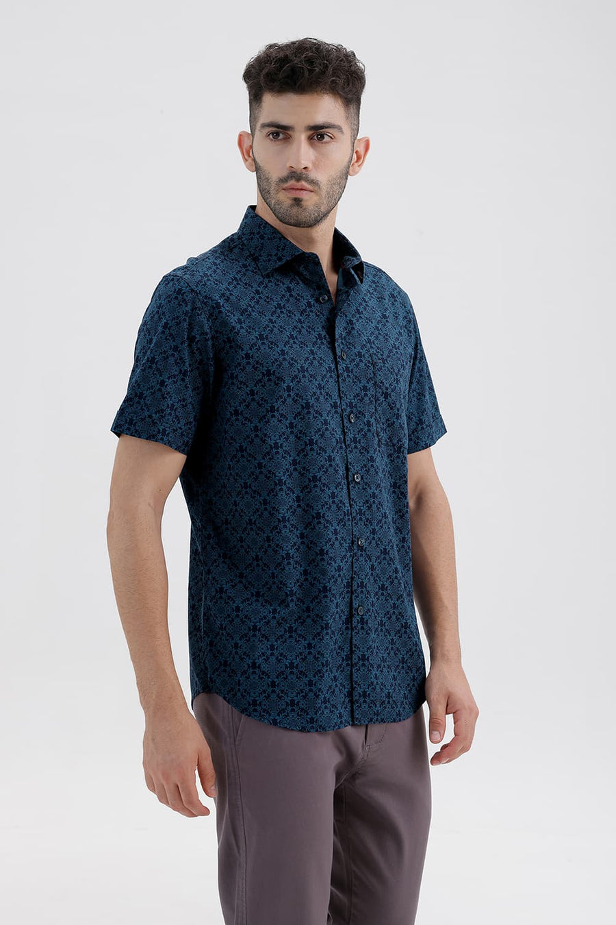 BASICS SLIM FIT PATRIOT BLUE COTTON PRINTED HALFSLEEVES SHIRT