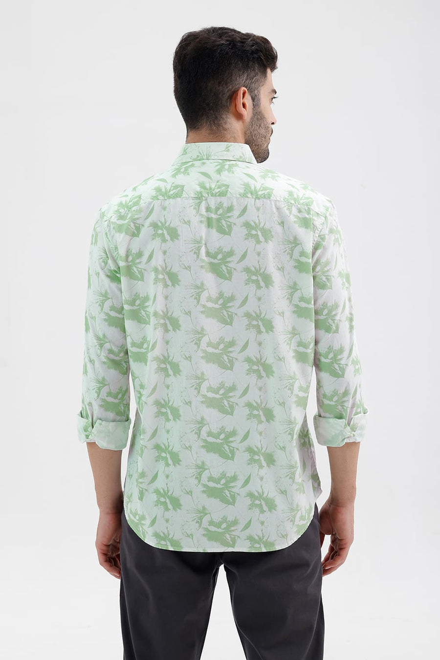 BASICS SLIM FIT GREEN SMOKE COTTON PRINTED SHIRT