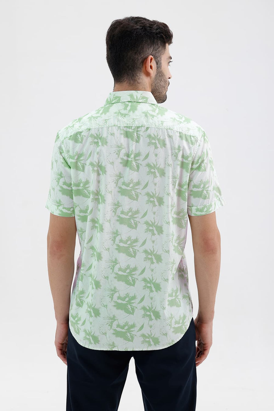 BASICS SLIM FIT GREEN SMOKE COTTON PRINTED HALFSLEEVES SHIRT