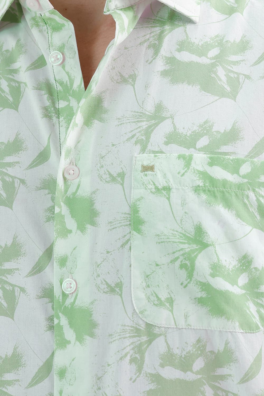 BASICS SLIM FIT GREEN SMOKE COTTON PRINTED HALFSLEEVES SHIRT