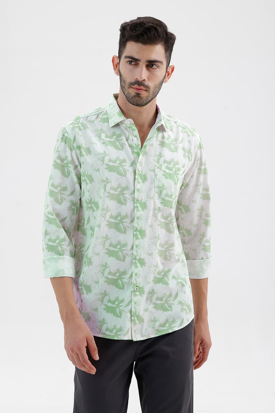BASICS SLIM FIT GREEN SMOKE COTTON PRINTED SHIRT