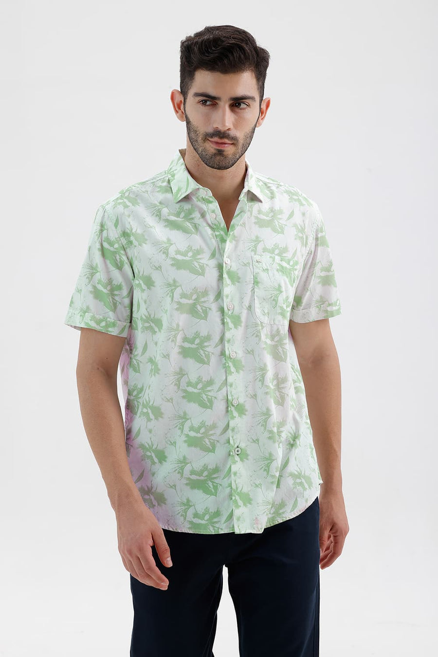 BASICS SLIM FIT GREEN SMOKE COTTON PRINTED HALFSLEEVES SHIRT