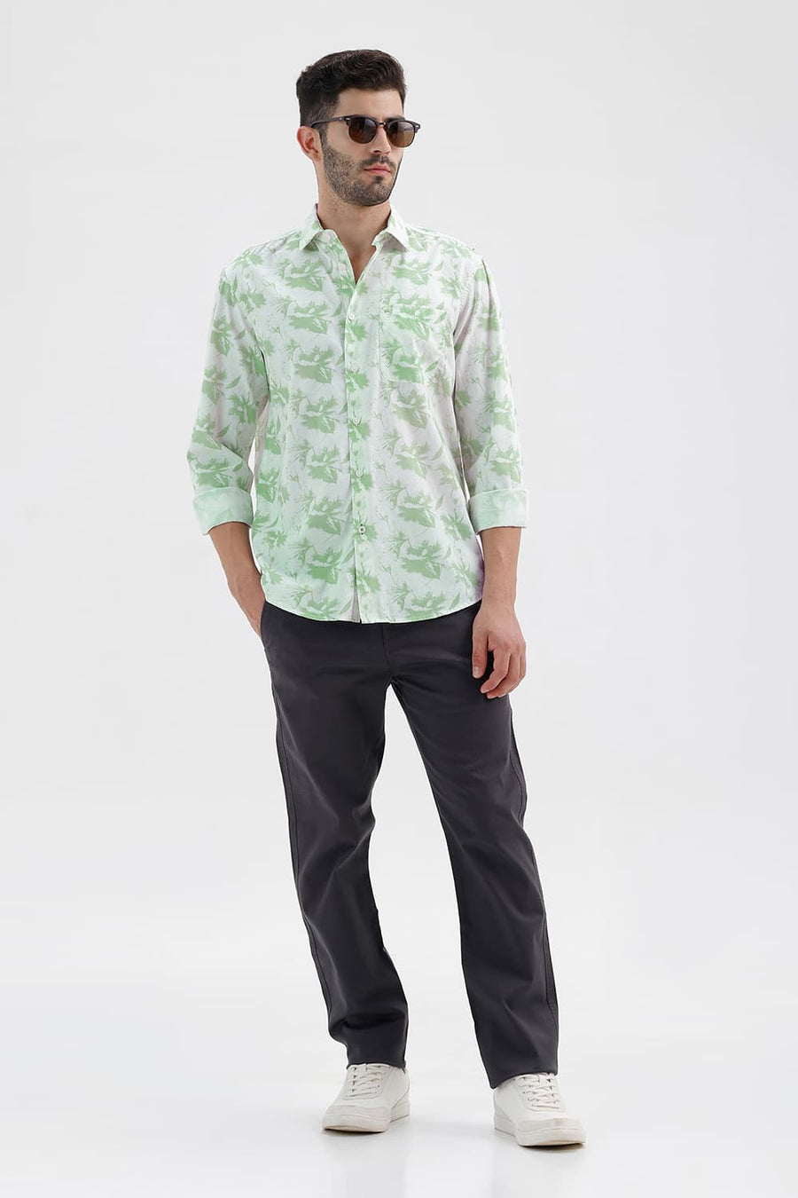 BASICS SLIM FIT GREEN SMOKE COTTON PRINTED SHIRT