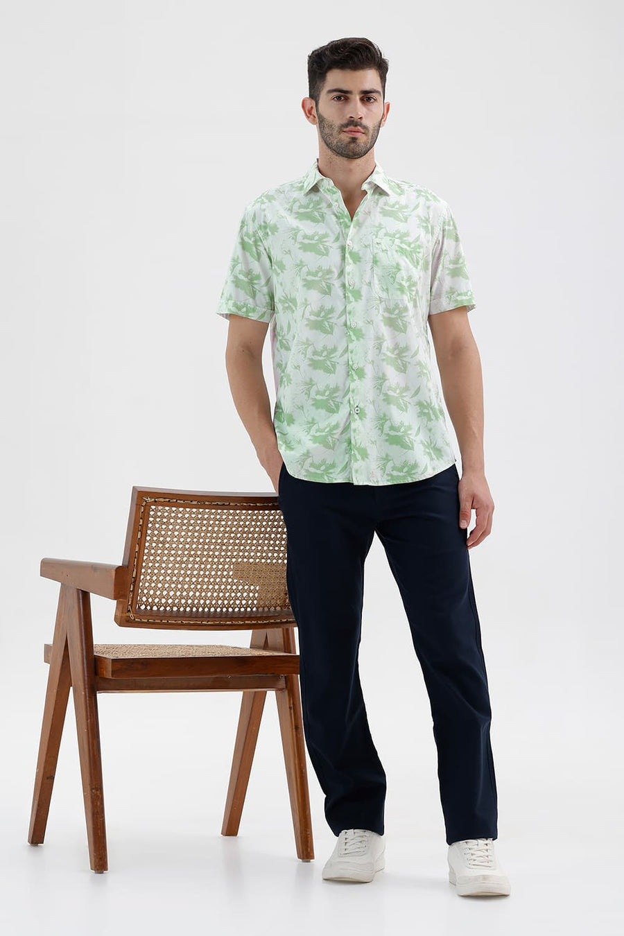 BASICS SLIM FIT GREEN SMOKE COTTON PRINTED HALFSLEEVES SHIRT