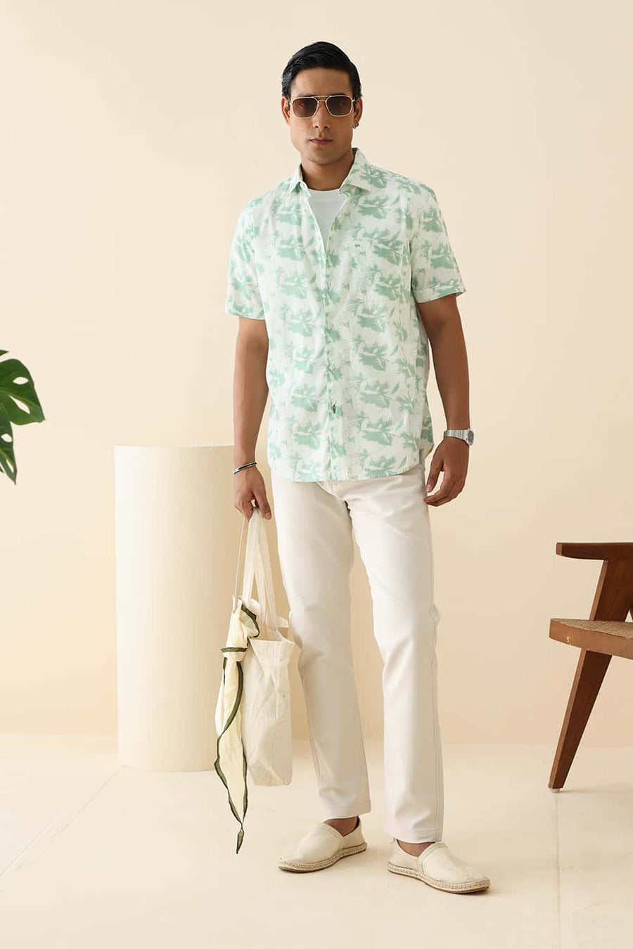 Basics Slim Fit Green Smoke Cotton Printed Shirt