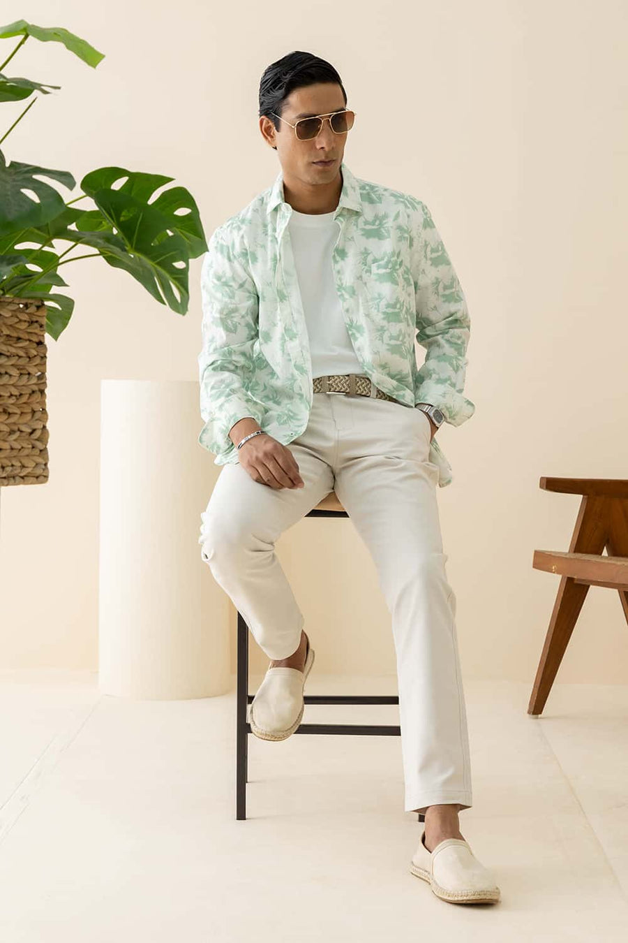 Basics Slim Fit Green Smoke Cotton Printed Halfsleeves Shirt