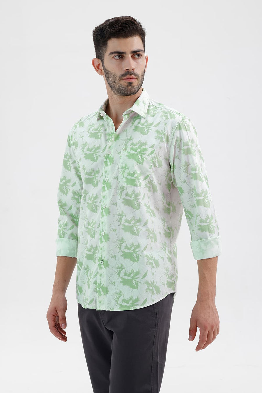 BASICS SLIM FIT GREEN SMOKE COTTON PRINTED SHIRT