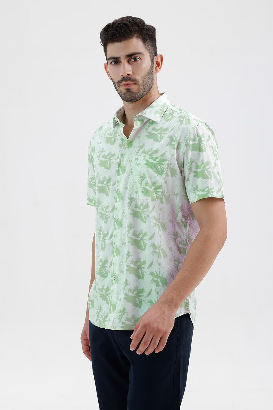 BASICS SLIM FIT GREEN SMOKE COTTON PRINTED HALFSLEEVES SHIRT