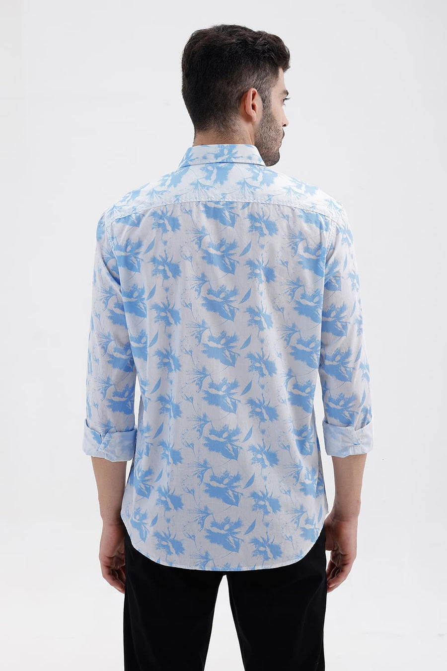 BASICS SLIM FIT SKY BLUE COTTON PRINTED SHIRT