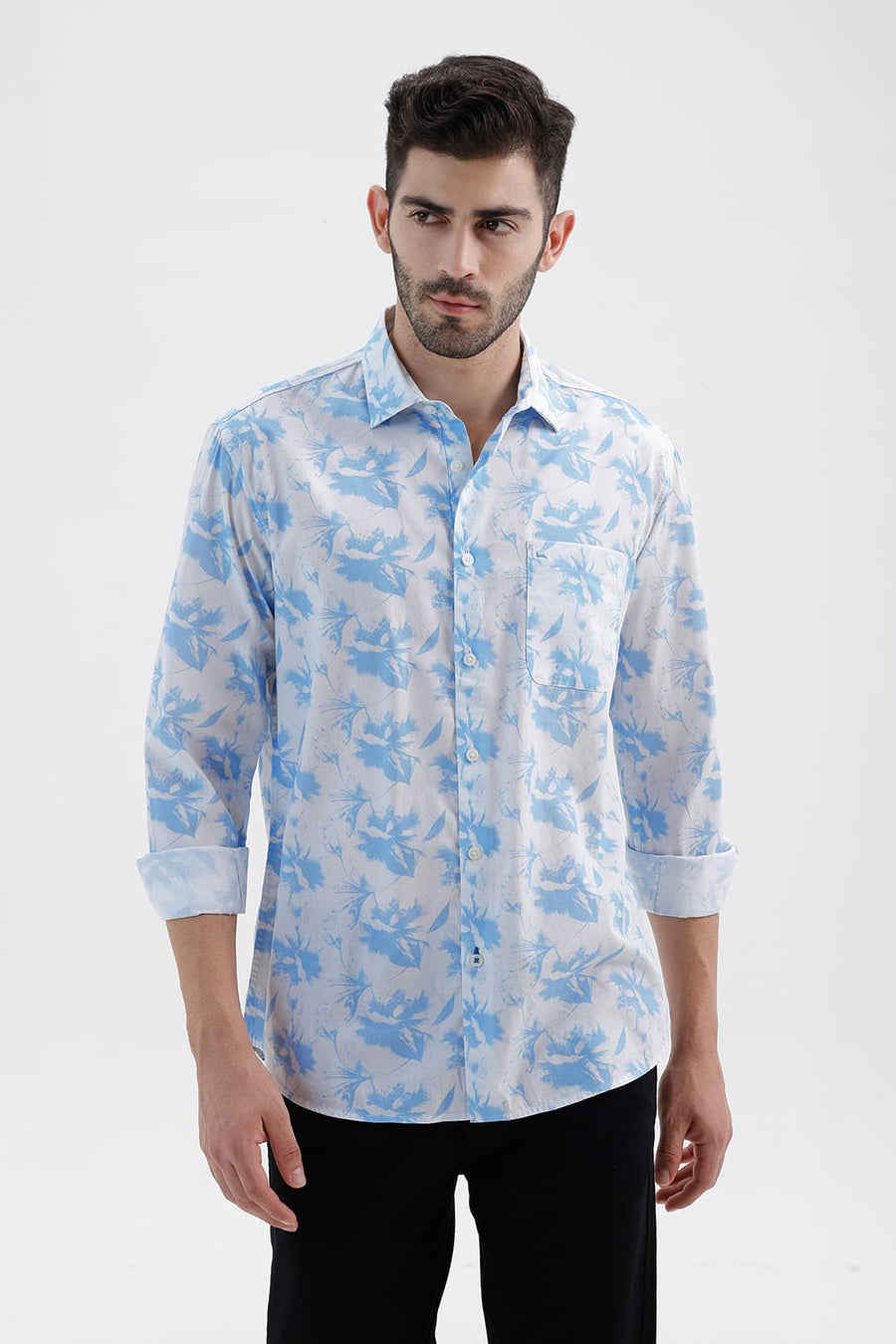 BASICS SLIM FIT SKY BLUE COTTON PRINTED SHIRT