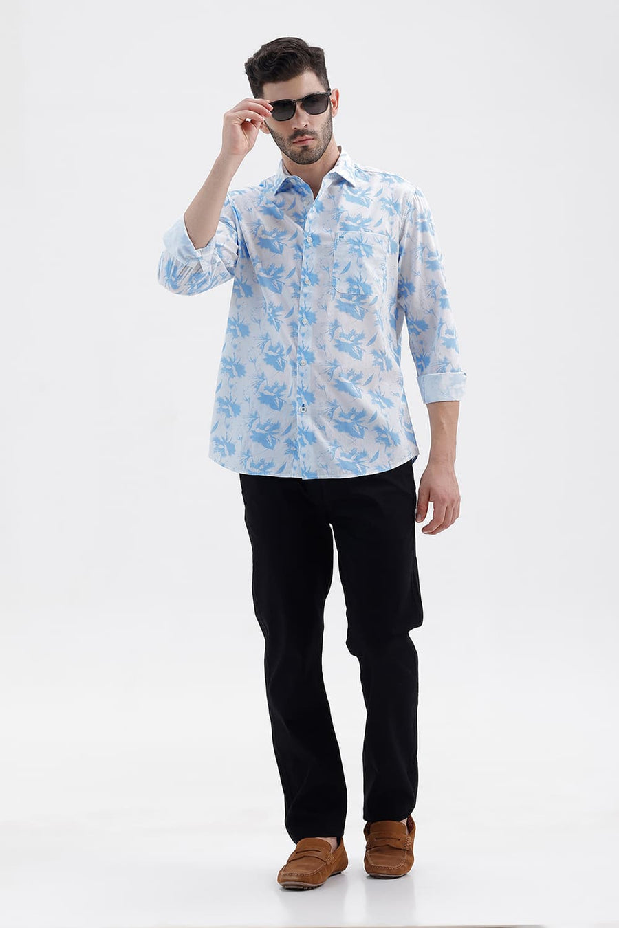 BASICS SLIM FIT SKY BLUE COTTON PRINTED SHIRT