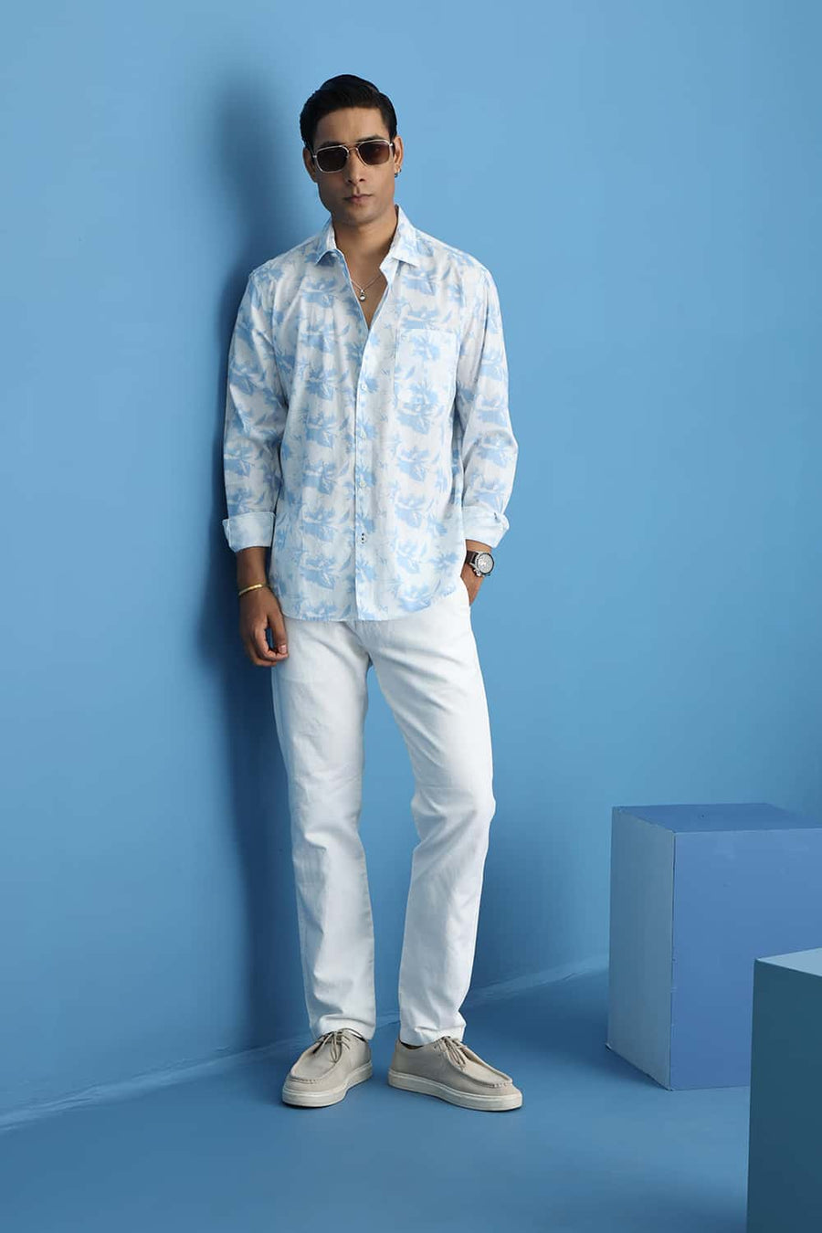 Basics Slim Fit Sky Blue Cotton Printed Shirt