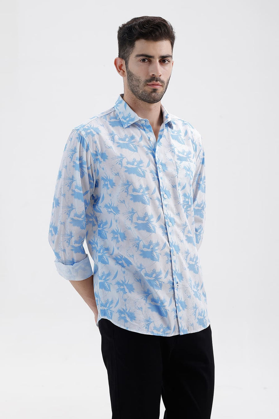 BASICS SLIM FIT SKY BLUE COTTON PRINTED SHIRT