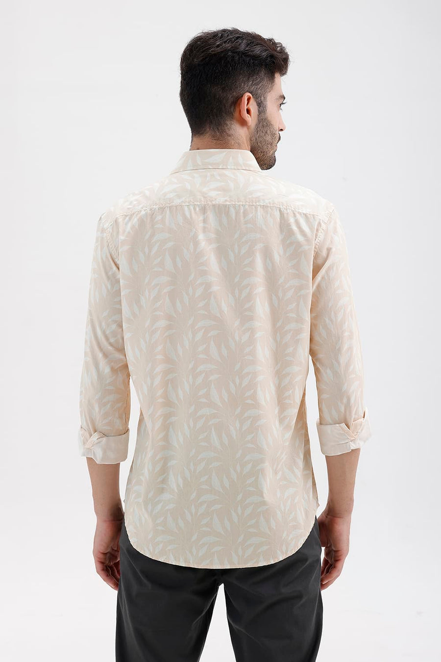 BASICS SLIM FIT SHORTBREAD BEIGE COTTON PRINTED SHIRT