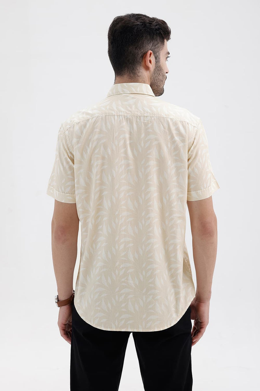 BASICS SLIM FIT SHORTBREAD BEIGE COTTON PRINTED HALFSLEEVES SHIRT