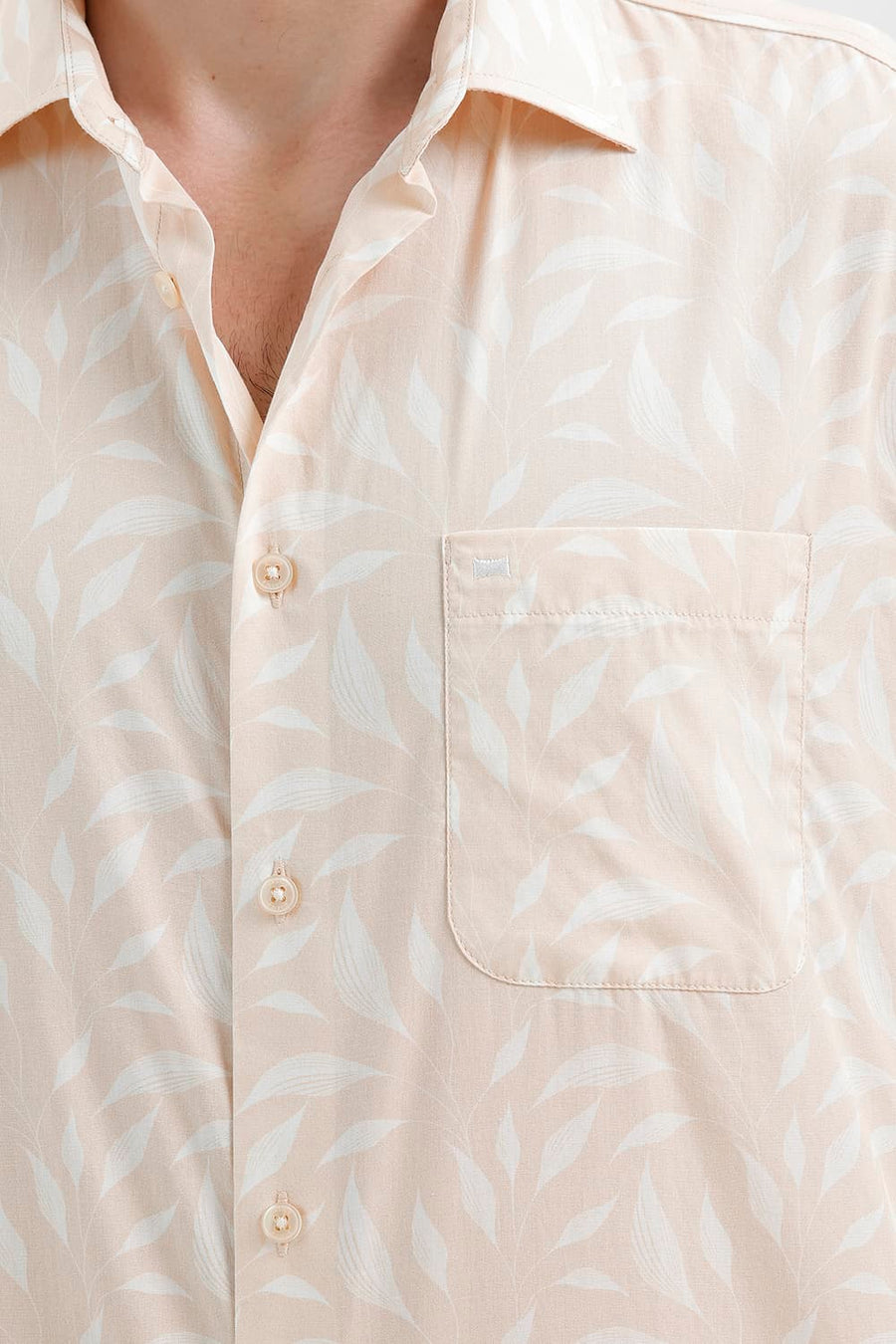 BASICS SLIM FIT SHORTBREAD BEIGE COTTON PRINTED SHIRT