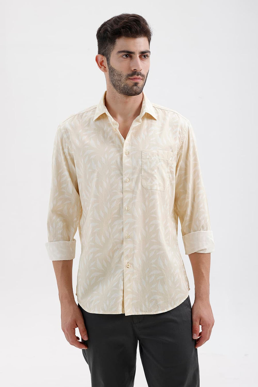 BASICS SLIM FIT SHORTBREAD BEIGE COTTON PRINTED SHIRT