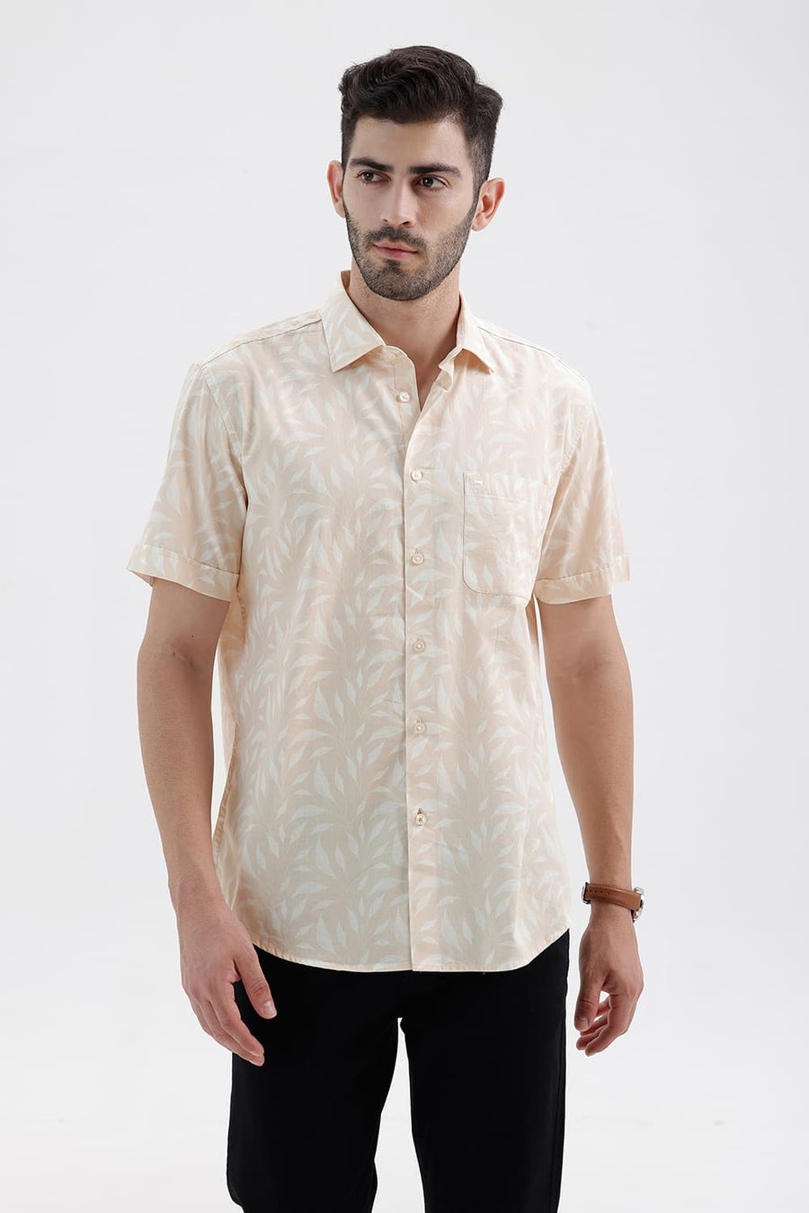 BASICS SLIM FIT SHORTBREAD BEIGE COTTON PRINTED HALFSLEEVES SHIRT