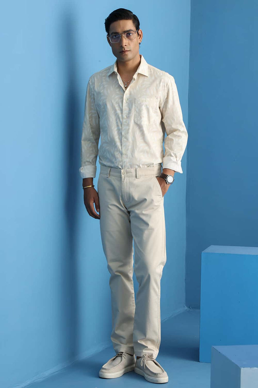 Basics Slim Fit Shortbread Beige Cotton Printed Shirt