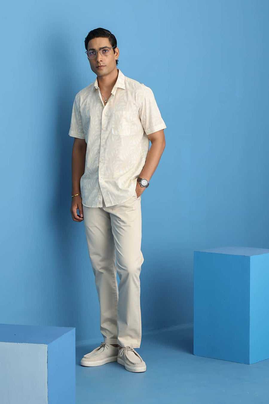 Basics Slim Fit Shortbread Beige Cotton Printed Halfsleeves Shirt