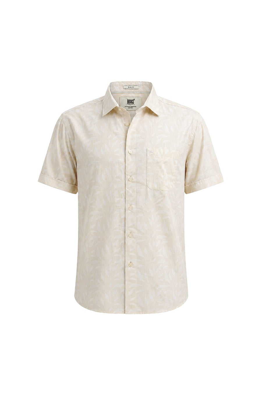 BASICS SLIM FIT SHORTBREAD BEIGE COTTON PRINTED HALFSLEEVES SHIRT