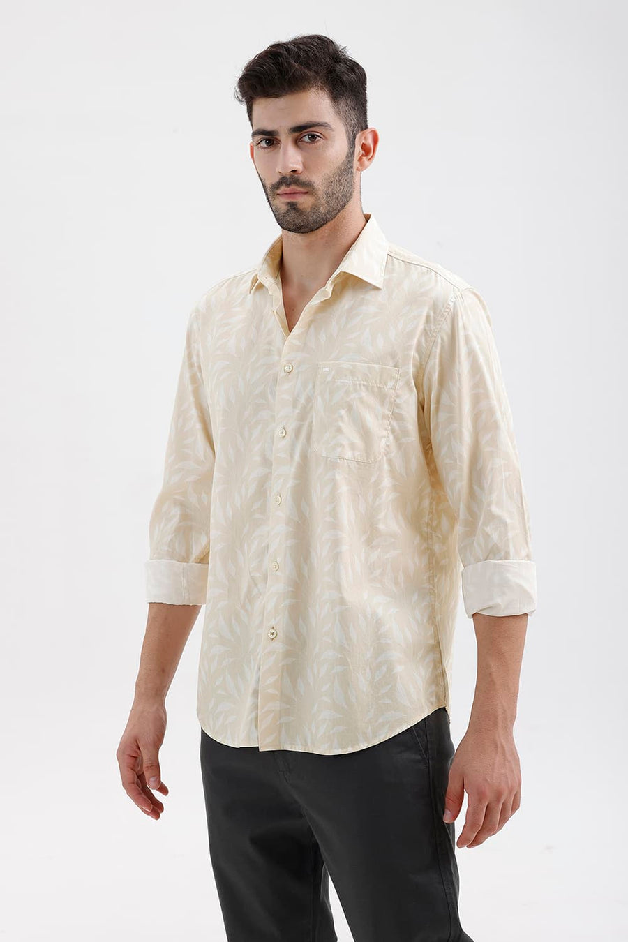 BASICS SLIM FIT SHORTBREAD BEIGE COTTON PRINTED SHIRT
