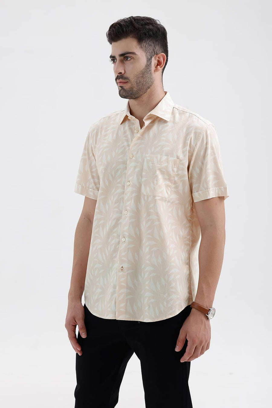BASICS SLIM FIT SHORTBREAD BEIGE COTTON PRINTED HALFSLEEVES SHIRT