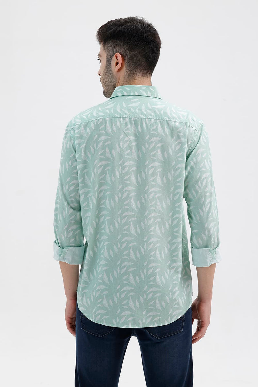 BASICS SLIM FIT GOSSAMER GREEN COTTON PRINTED SHIRT