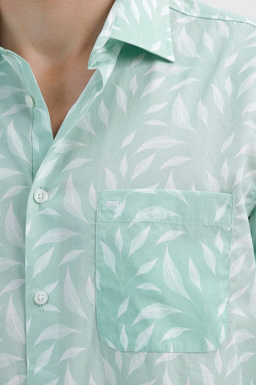BASICS SLIM FIT GOSSAMER GREEN COTTON PRINTED SHIRT